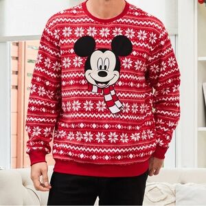 Disney Men Mickey Christmas Snowflake Crew Neck Fleece Sweatshirt Red.